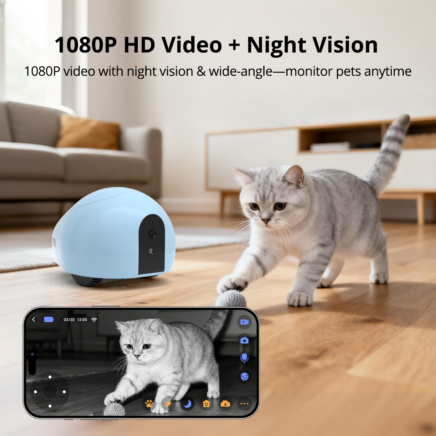 BQ75-Pet Camera Robot with Treat Dispenser & Laser Toy, HD Video, Night Vision, 2-Way Audio, Mobile Feeder for Cats & Dogs, App Control & Auto Recharge